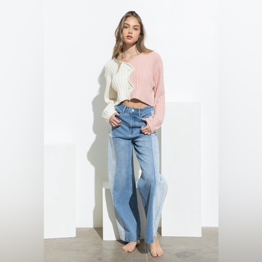 Colorblock Soft Button Down Cropped Cardigan - image 8